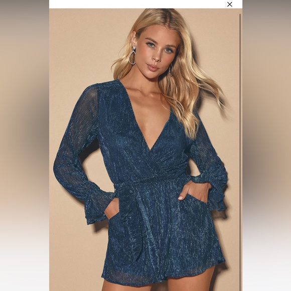 Lulus Blue Metallic Surplice Romper - Picture 4 of 4